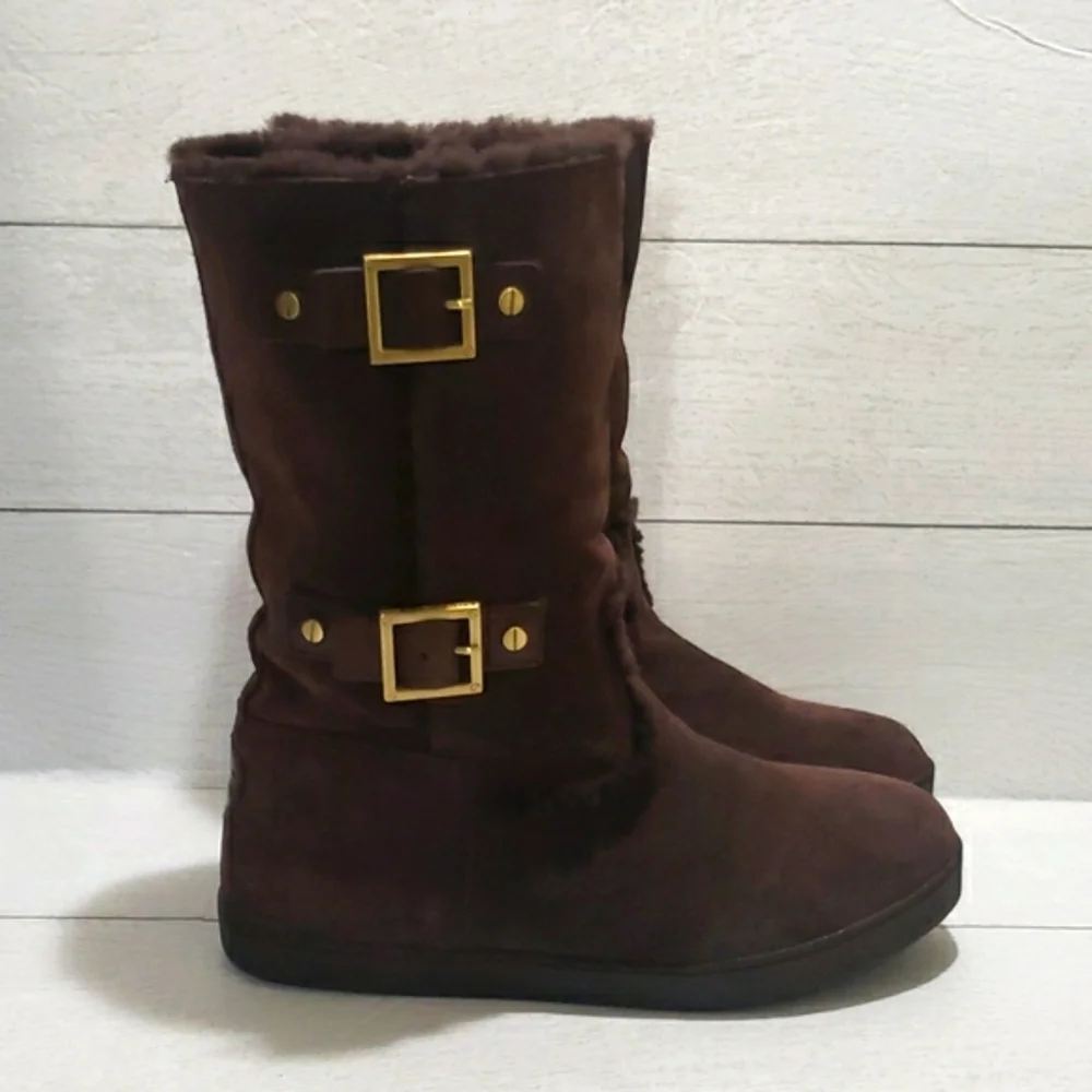 Tory Burch Brown Shearling And Suede Midcalf Flat Womens Boots Size 8.5